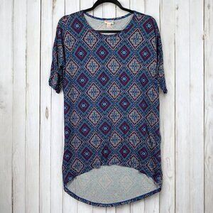 Lularoe Irma Half Sleeve Tunic High Low Polyester Blend Sz XXS Blue Red Diamond